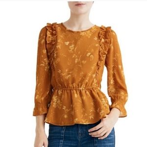 MADEWELL Botanical Floral Print Top 3/4 Sleeve Peplum Style Ruffled Shoulders